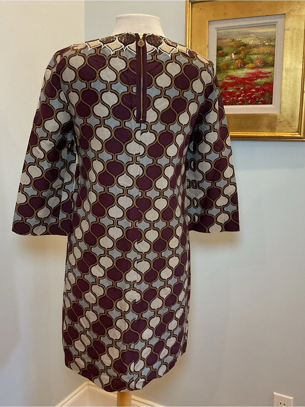 Tory Burch Silk Geometric Shift Dress Beaded Neckline Size 8